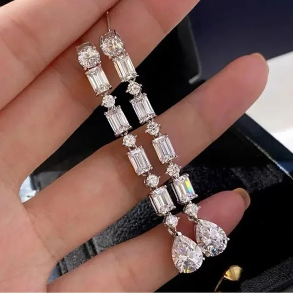 Long Silver Zircon Dangle Earrings - Picture 7 of 7